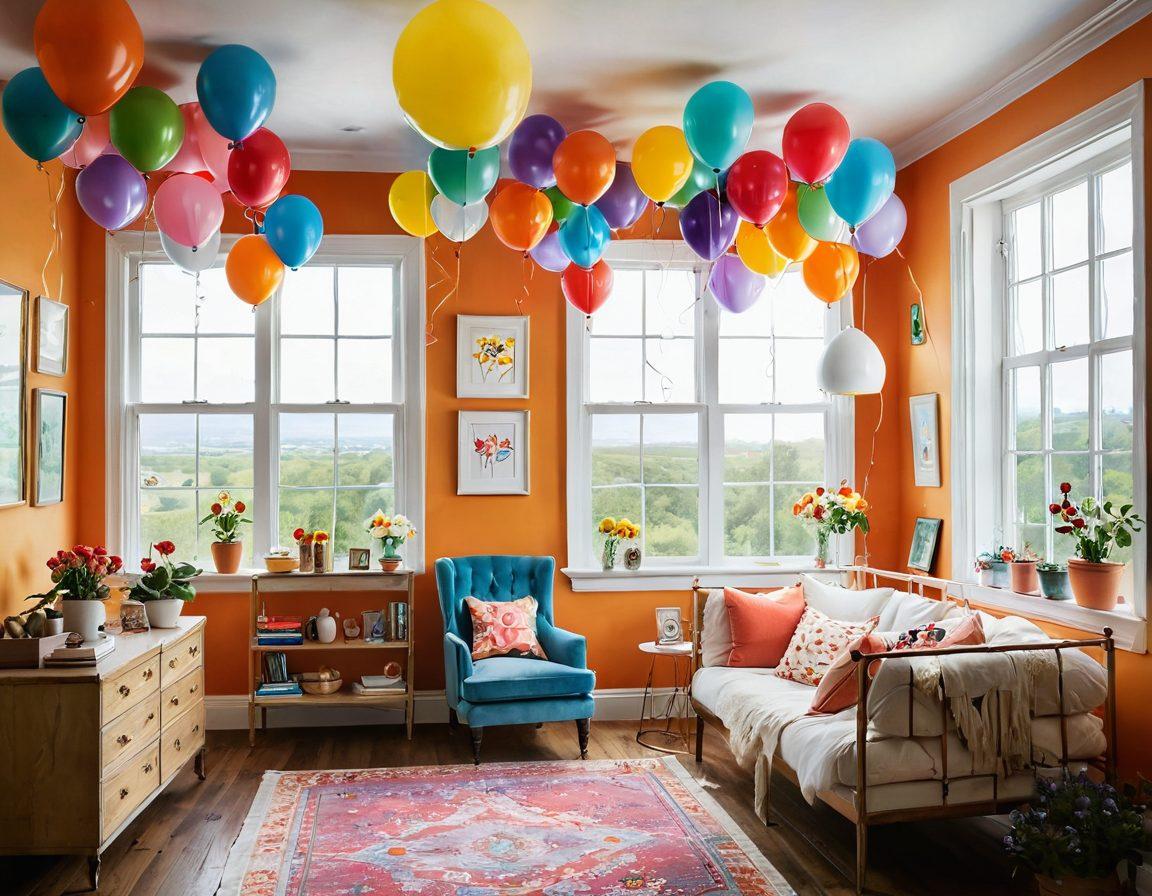 A whimsical gallery filled with an array of vibrant images that evoke joy, showcasing smiling faces, colorful flowers, cheerful animals, and uplifting landscapes. The walls are adorned with bright frames, and the atmosphere is bright and inviting, with sunlight streaming in through large windows. Incorporate elements of happiness like balloons and rainbows in the decor. The overall mood is uplifting and inspiring. super-realistic. vibrant colors. bright background.