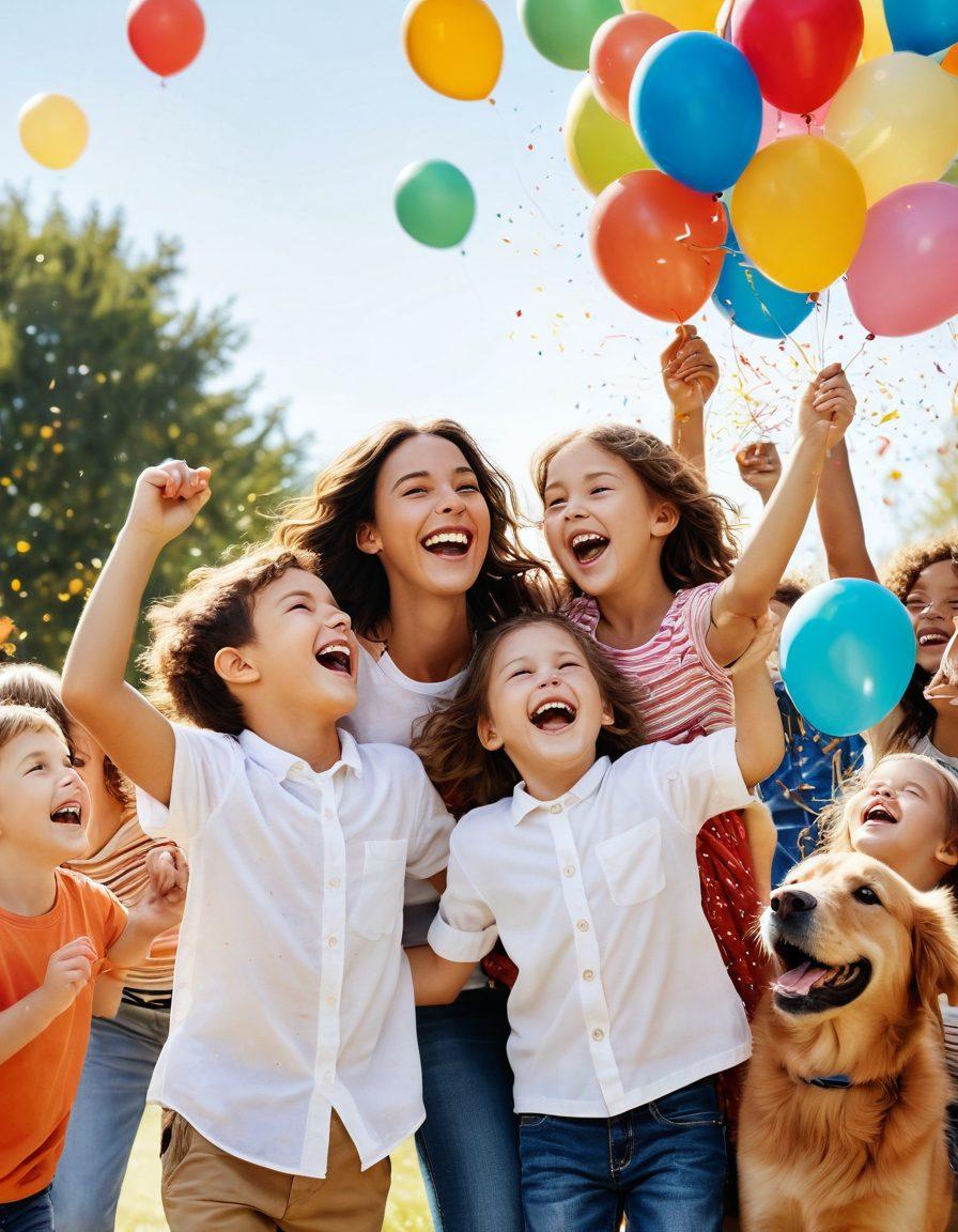 A vibrant collage of joyful moments, featuring children laughing, pets playing, and families embracing under a radiant sun. Touches of colorful balloons and confetti fill the background, enhancing the sense of celebration. The warm tones evoke happiness and nostalgia, inviting viewers to share in the joy. super-realistic. vibrant colors. white background.