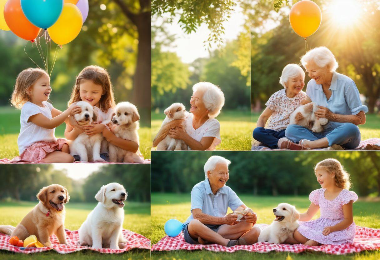 A collage of heartwarming moments: a child laughing with a puppy, an elderly couple holding hands, and friends enjoying a picnic in a sunlit park. The vibrant colors should evoke feelings of joy and warmth, with soft, glowing lighting. Add uplifting elements like colorful balloons and butterflies fluttering around. super-realistic. vibrant colors. soft focus.